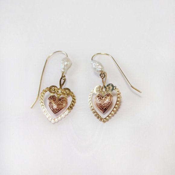 Jewelry - 14k Solid Gold Heart Filigree Dangle Earrings